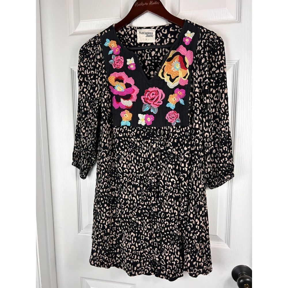 Savanna Jane Women Shirt Dress Black Size S Embroidered Animal Boho Swing E3 - Picture 3 of 12